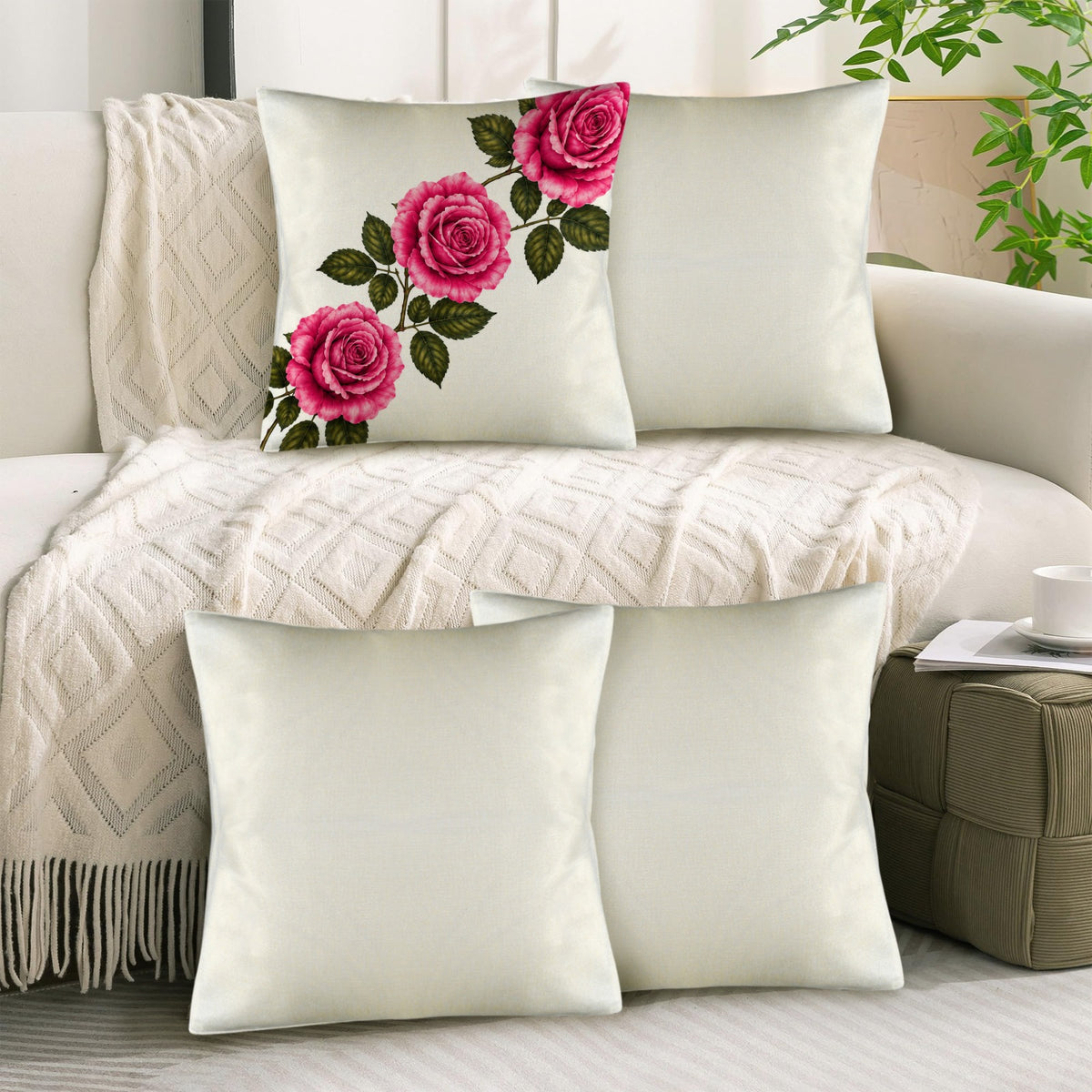 Pillow Cover-3-Rose-Diagonal-Pink-Envelope Close-set of 4-Cover only, no insert