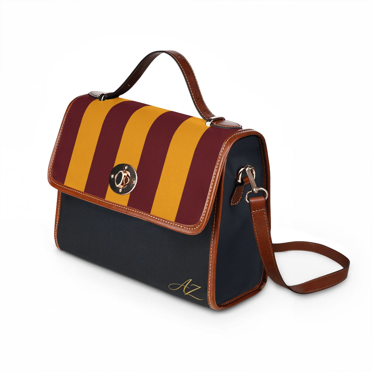 Handbag-Purse-Satchel – Burgundy & Gold Stripes with Dark Denim-Look Body