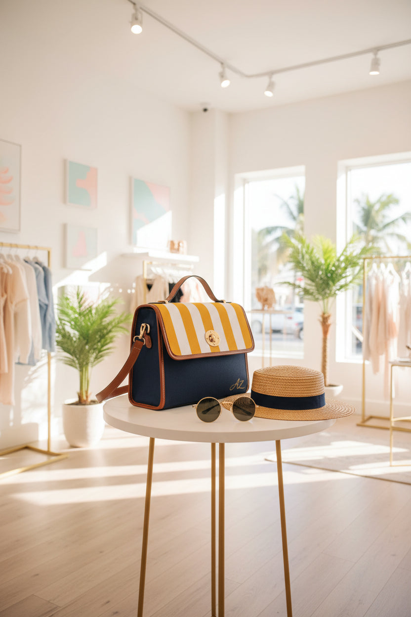 Handbag-Purse-Satchel –  Gold & White Stripes with Dark Denim-Look Body