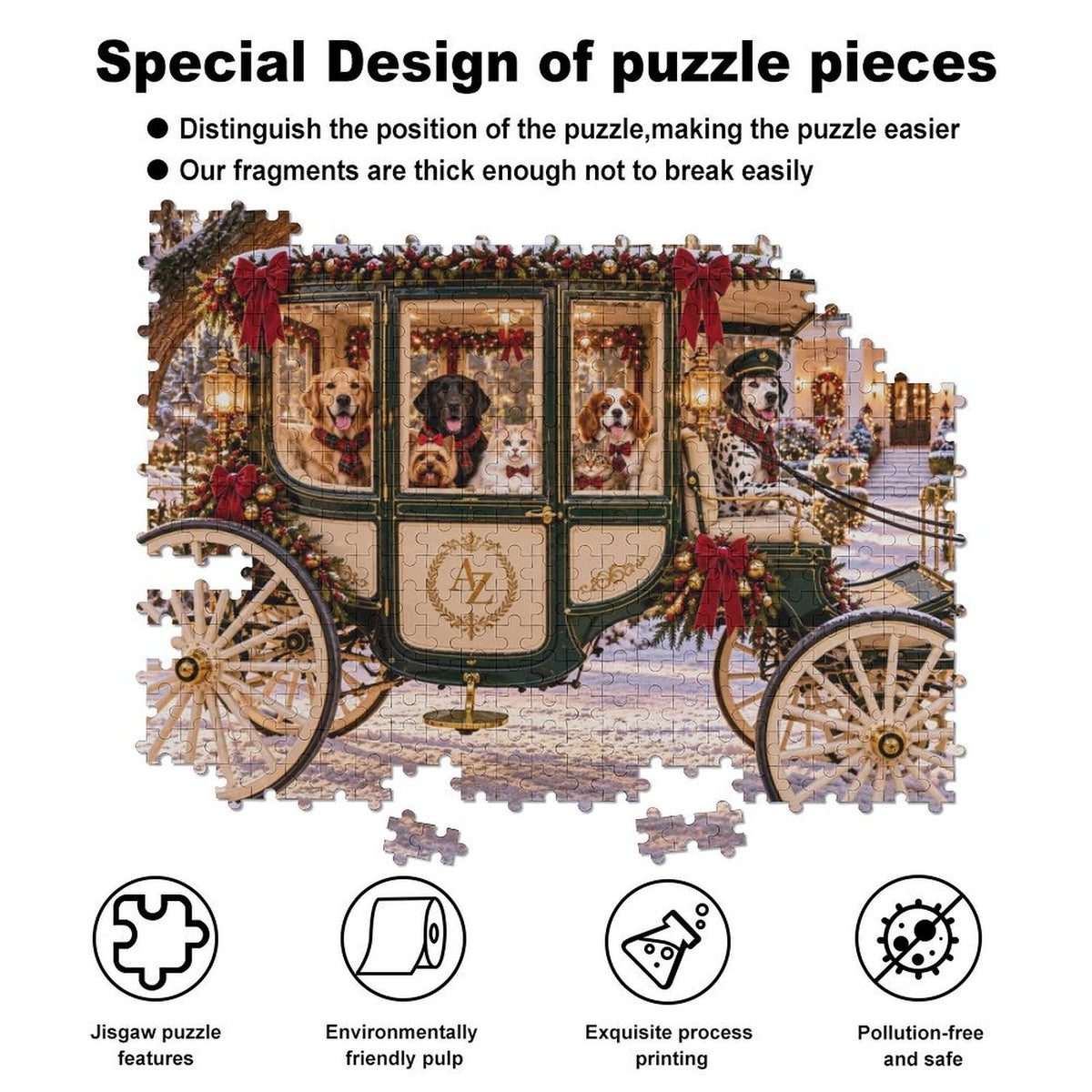 A Southern Christmas Carriage – Dogs & Cats 500-Piece Wooden Jigsaw Puzzle