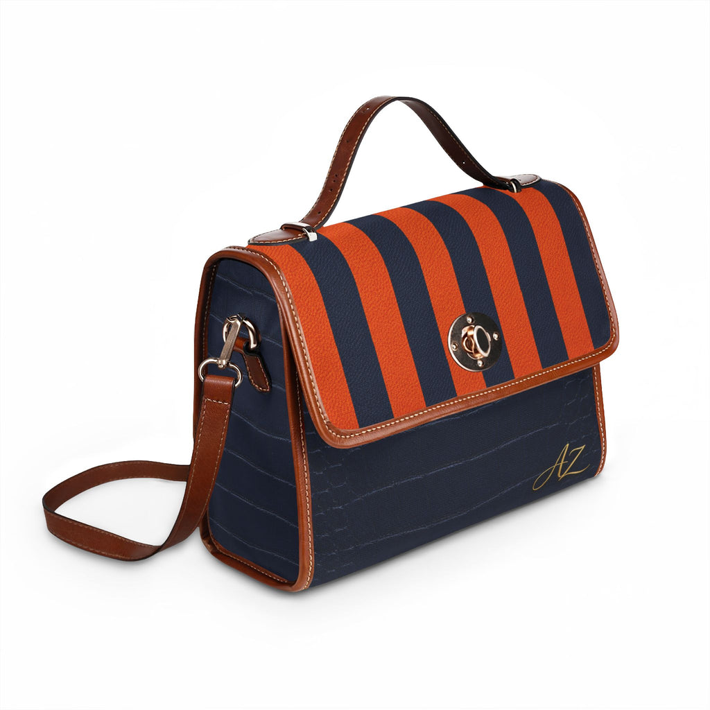 Handbag-Purse-Satchel – Orange & Navy Stripes with Navy Faux Alligator Body