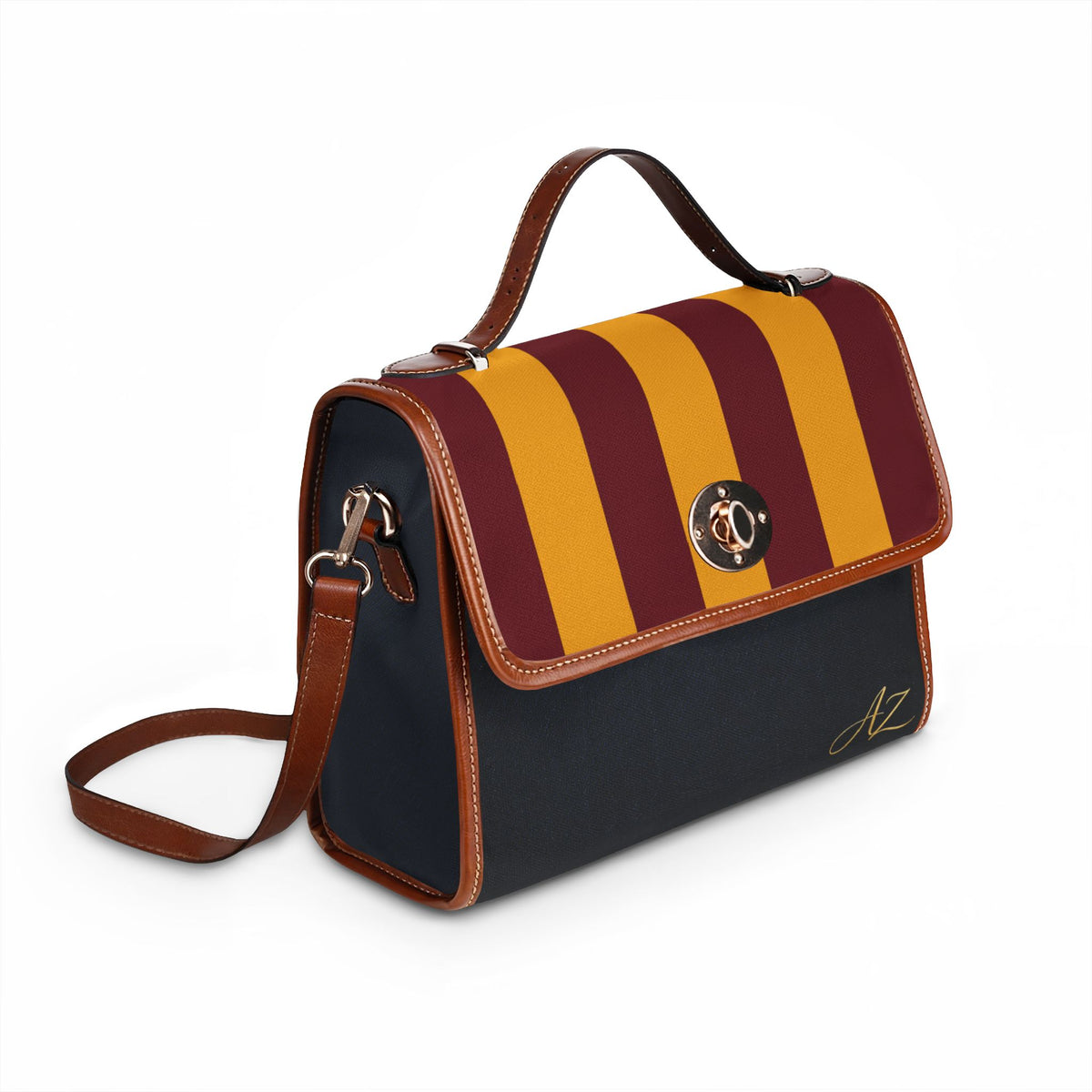 Handbag-Purse-Satchel – Burgundy & Gold Stripes with Dark Denim-Look Body