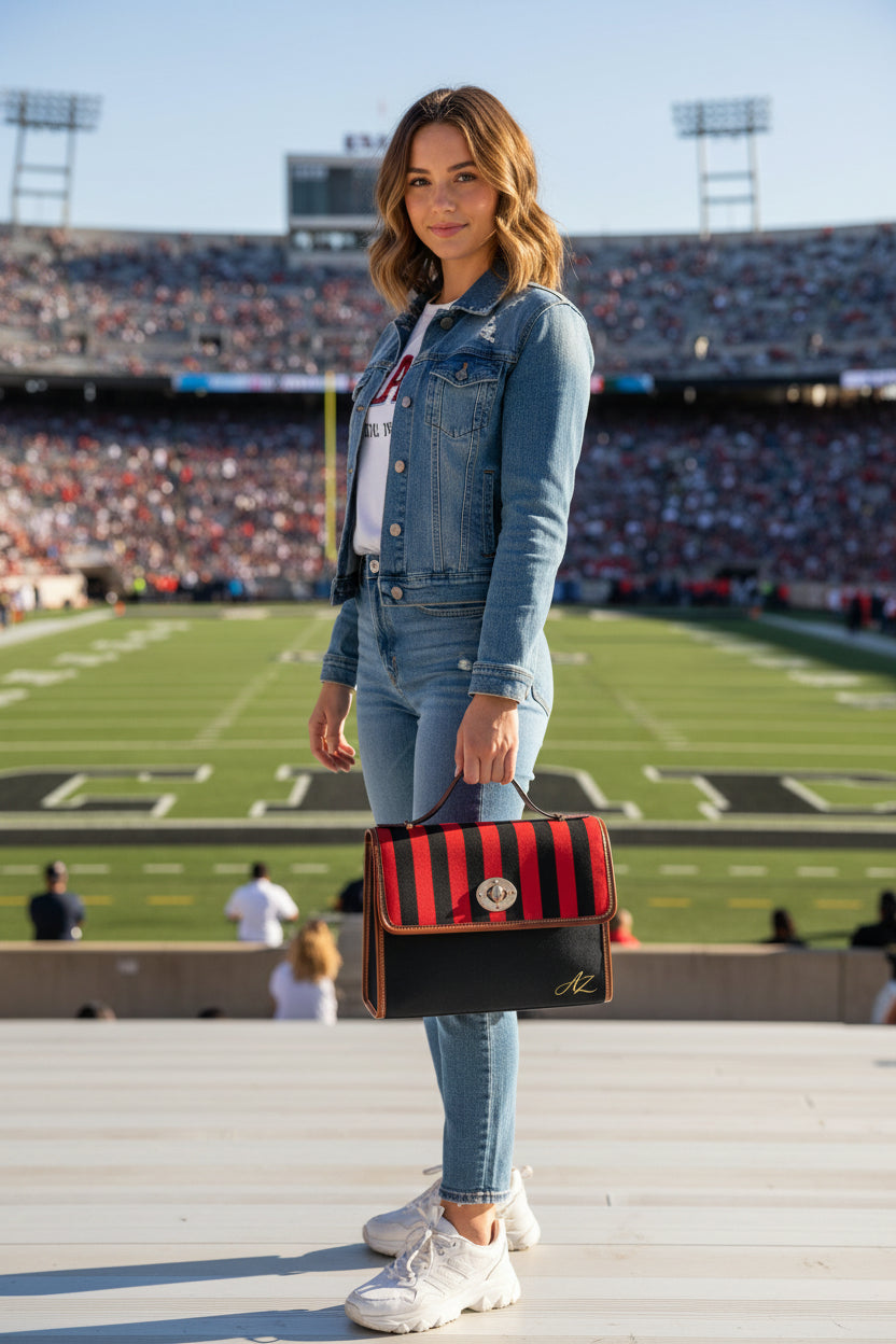 Handbag-Purse-Satchel –  Red & Black Stripes with Dark Denim-Look Body