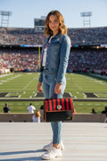 Handbag-Purse-Satchel –  Red & Black Stripes with Dark Denim-Look Body