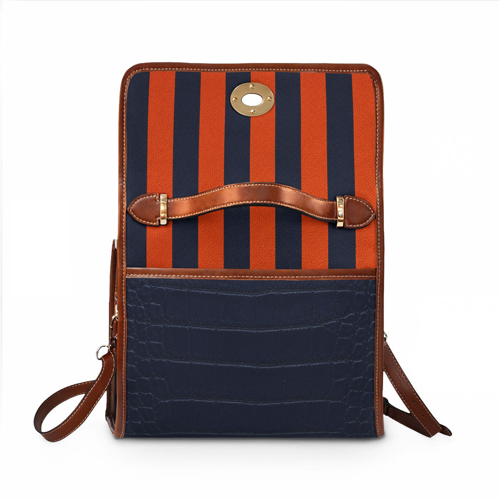 Handbag-Purse-Satchel – Orange & Navy Stripes with Navy Faux Alligator Body