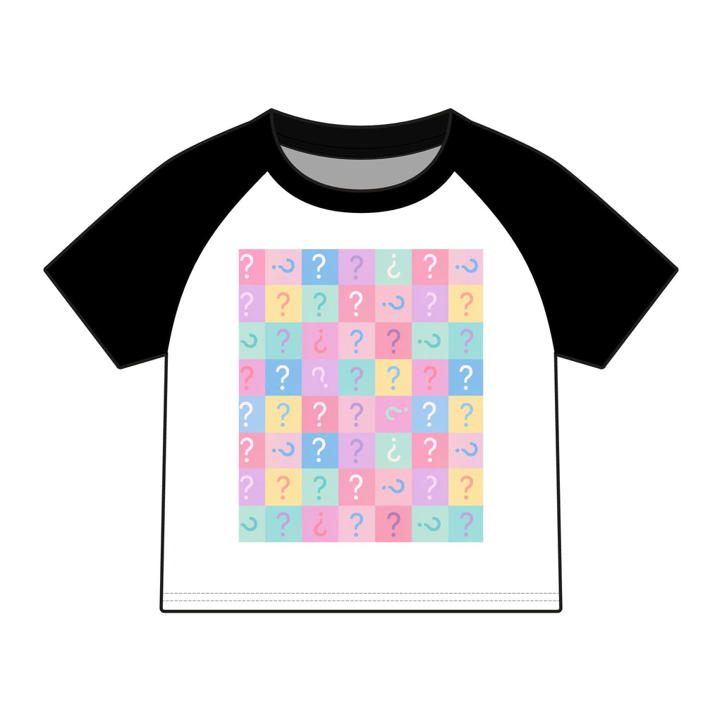 T Shirt-Womens-Pastel Question Mark Fitted Tee – Black & White Raglan Style