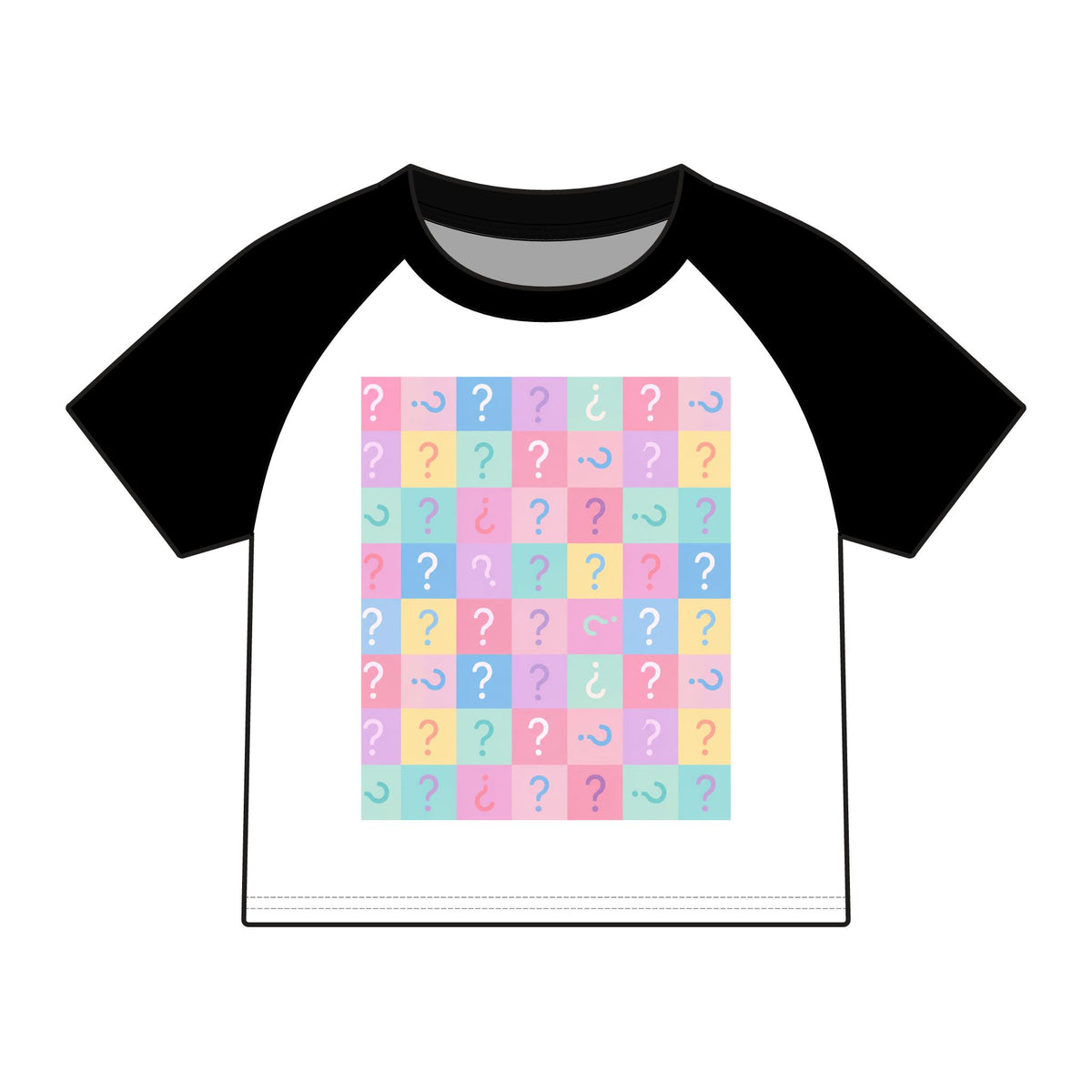 T Shirt-Womens-Pastel Question Mark Fitted Tee – Black & White Raglan Style