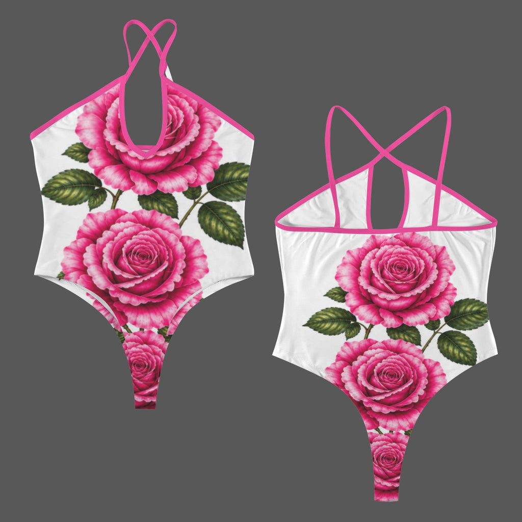 Pink Rose Garden Cross-Front Halter Bodysuit Custom Personalized Women's Halter Neck Cross Bodysuit