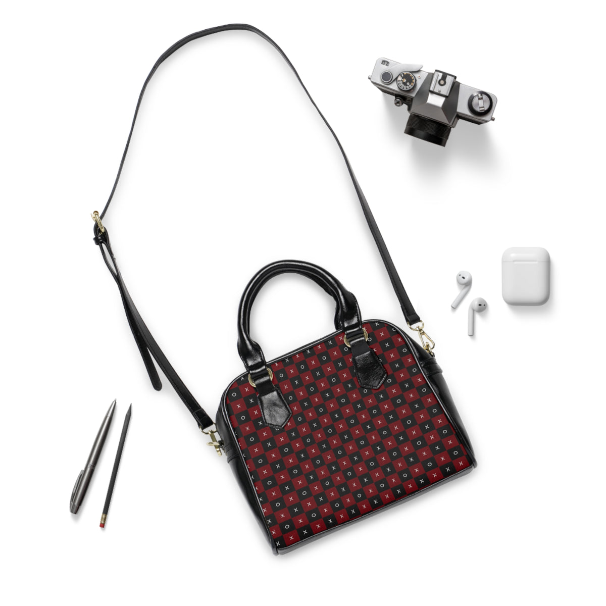 Handbag-Purse-Red & Black X's & O's with Adjustable Strap