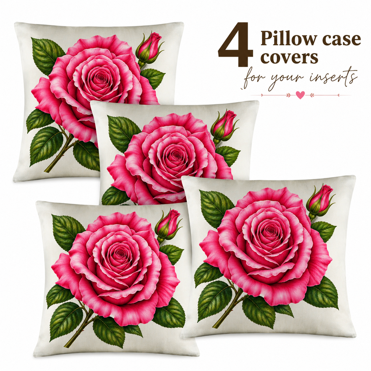 Pillow Covers-1-Pink Rose-18" x 18"-Linen & Polyester-Ivory-4 Pack