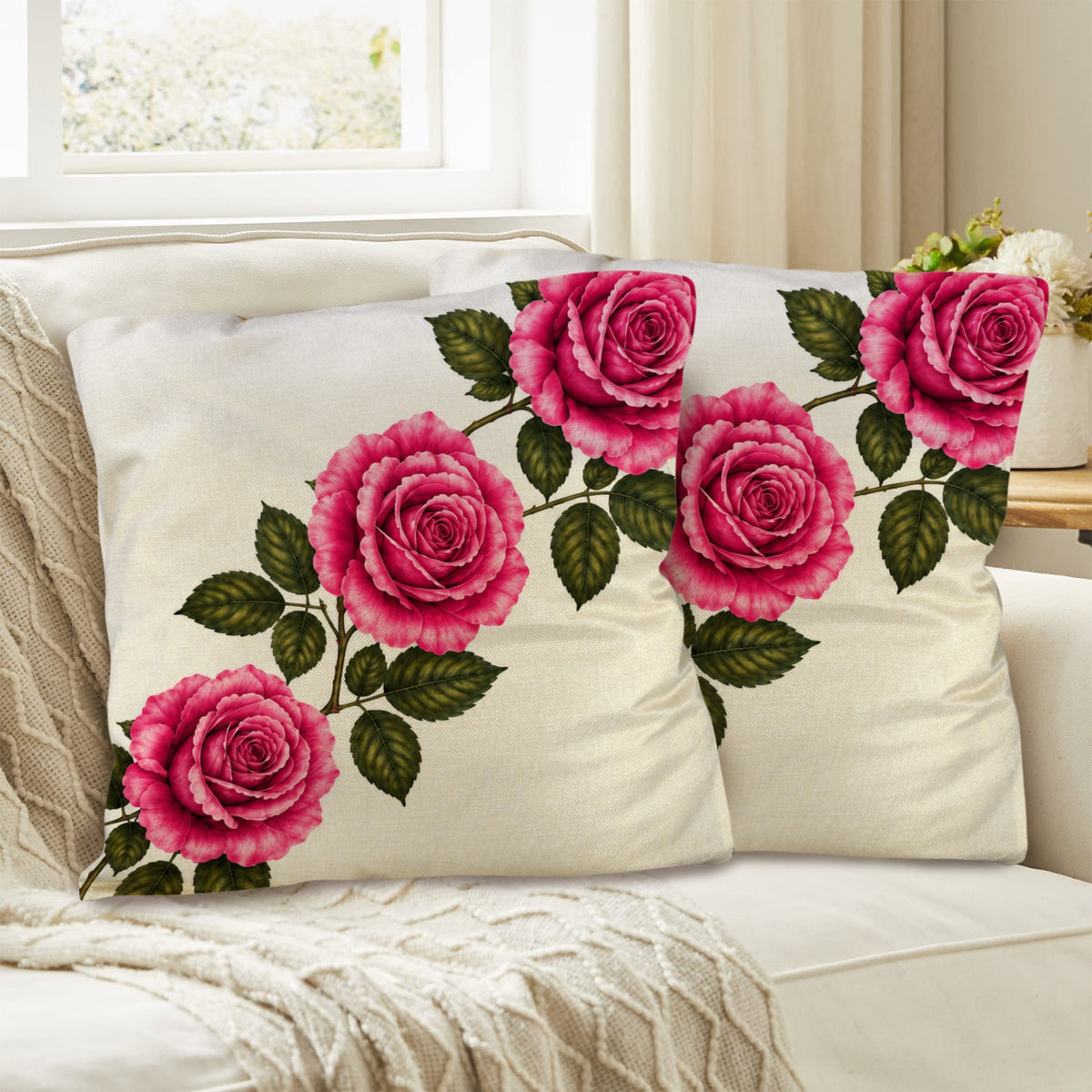 Pillow Cover-3-Rose-Diagonal-Pink-Envelope Close-set of 2-Cover only, no insert