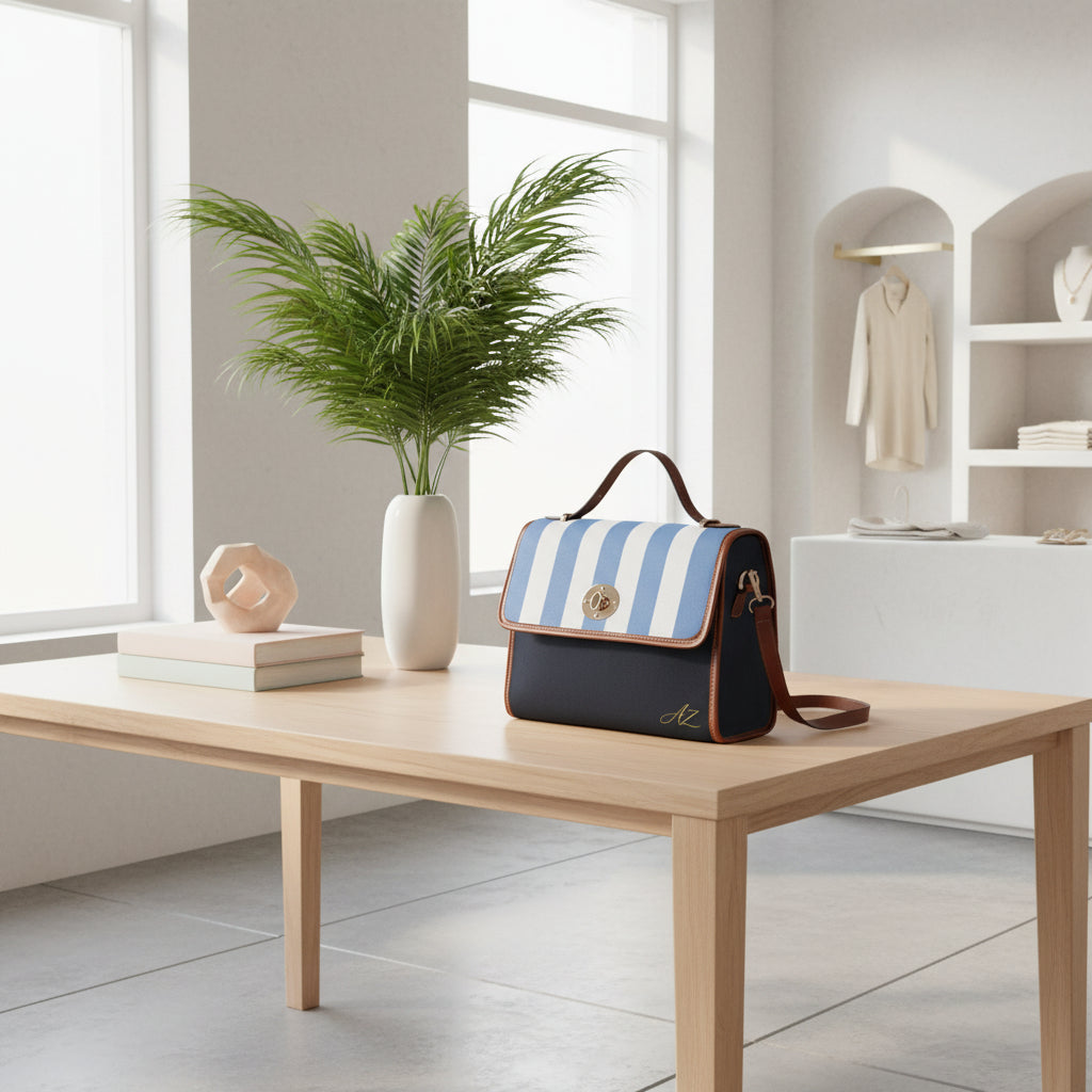 Handbag-Purse-Satchel –  Baby Blue & White Stripes with Dark Denim-Look Body