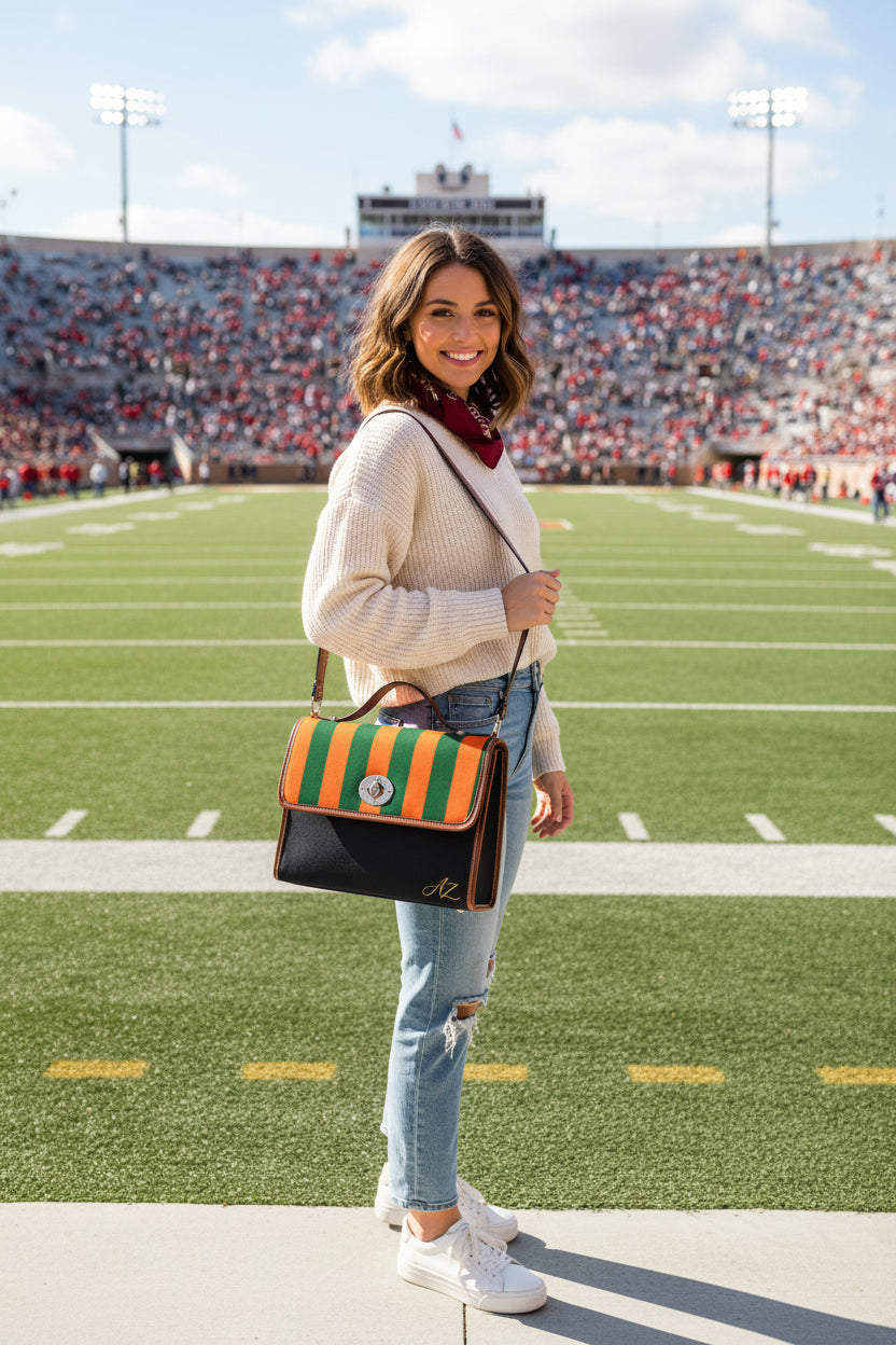 Handbag-Purse-Satchel – Orange & Green Stripes with Dark Denim-Look Body