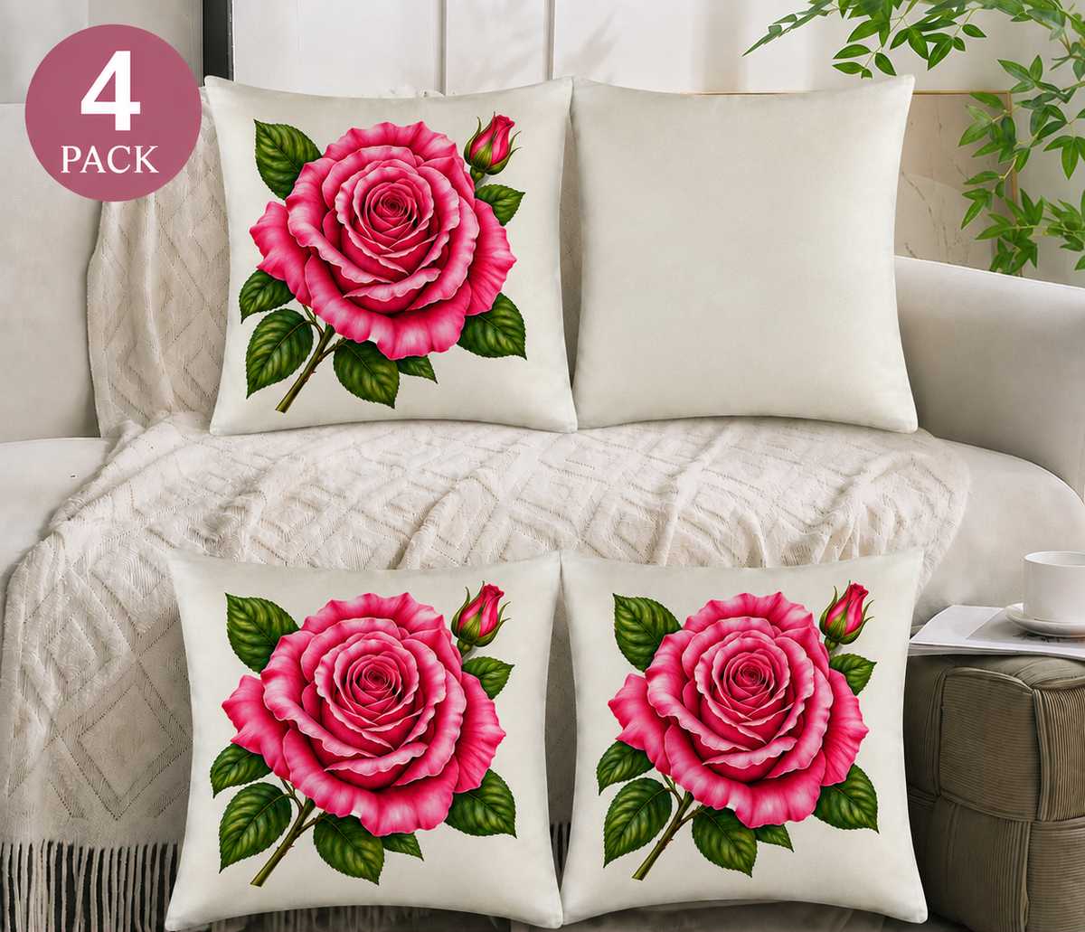 Pillow Covers-1-Pink Rose-18" x 18"-Linen & Polyester-Ivory-4 Pack