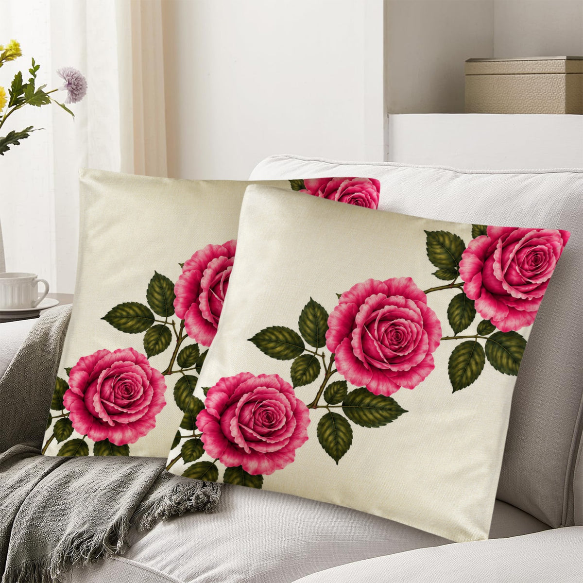 Pillow Cover-3-Rose-Diagonal-Pink-Envelope Close-set of 2-Cover only, no insert