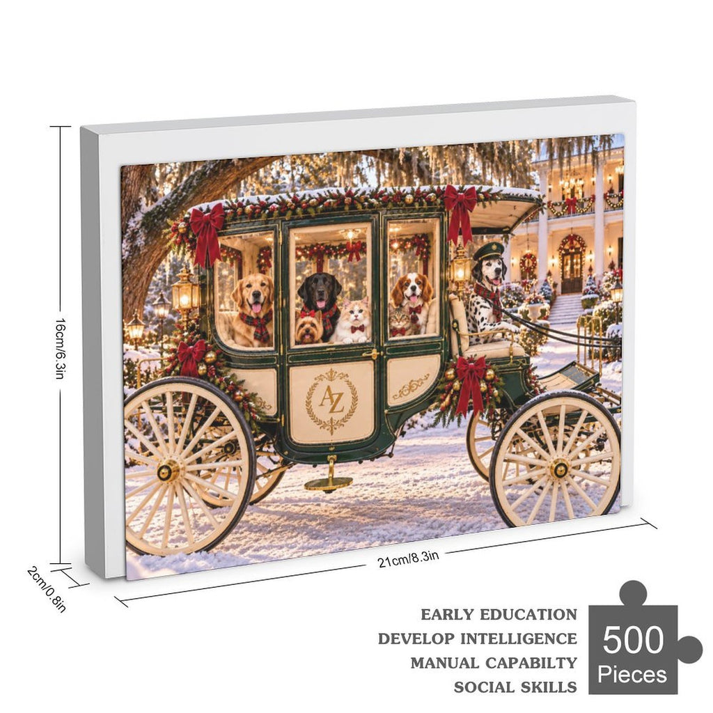 A Southern Christmas Carriage – Dogs & Cats 500-Piece Wooden Jigsaw Puzzle