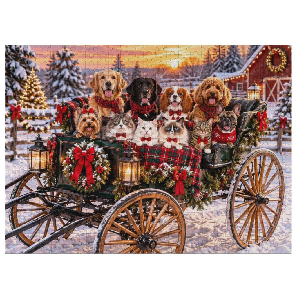 Christmas Carriage – Holiday Dogs & Cats 500-Piece Wooden Jigsaw Puzzle – product image
