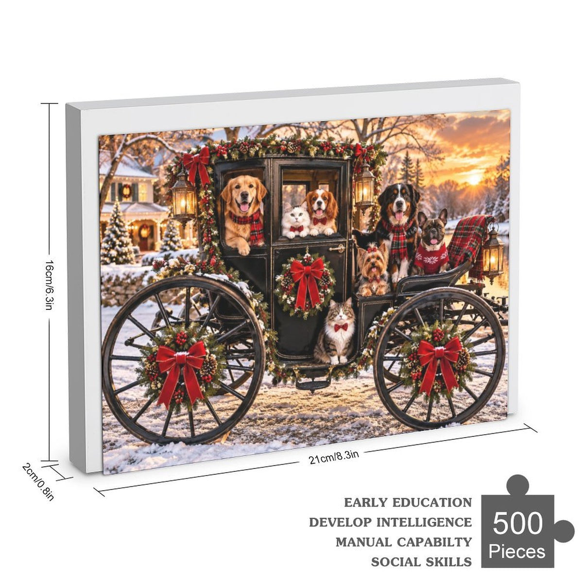 Christmas Eve Carriage Ride – Dogs & Cats 500-Piece Wooden Jigsaw Puzzle