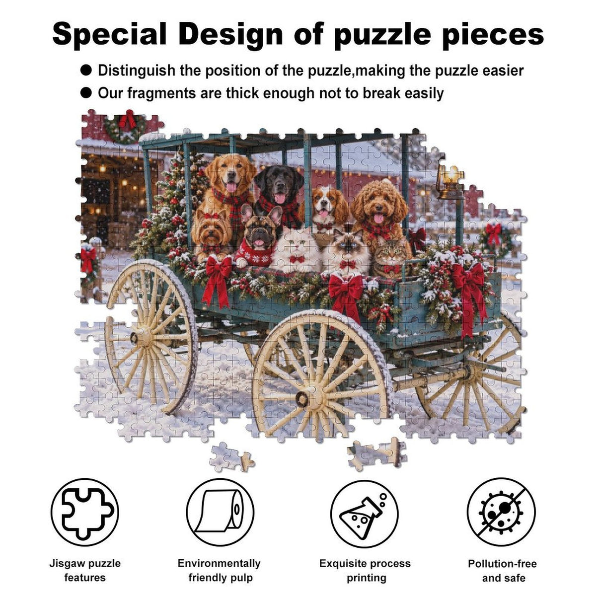 Christmas on the Country Wagon – Dogs & Cats 500-Piece Wooden Jigsaw Puzzle