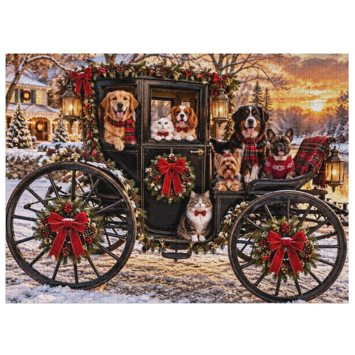 Christmas Eve Carriage Ride – Dogs & Cats 500-Piece Wooden Jigsaw Puzzle – product image