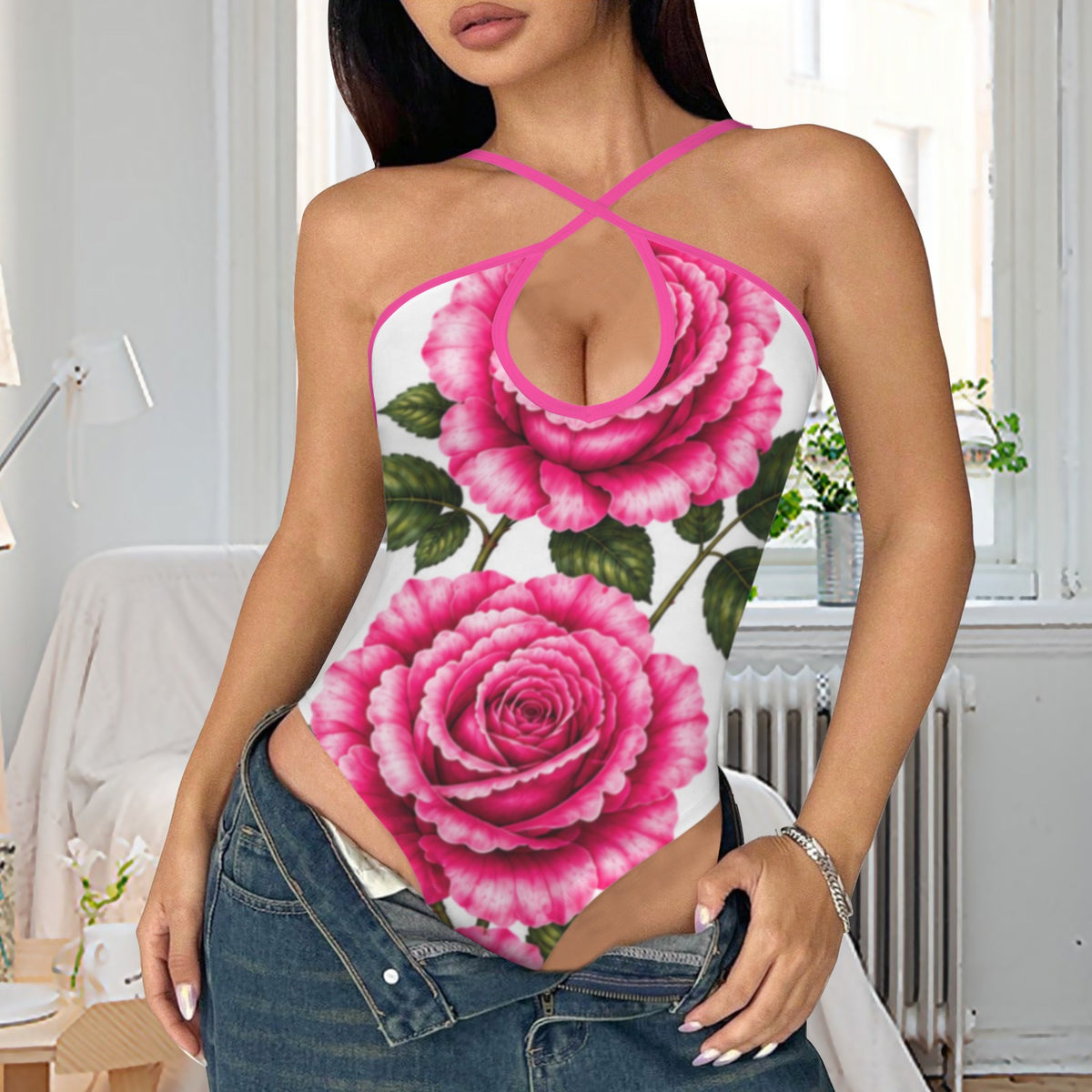 Pink Rose Garden Cross-Front Halter Bodysuit Custom Personalized Women's Halter Neck Cross Bodysuit