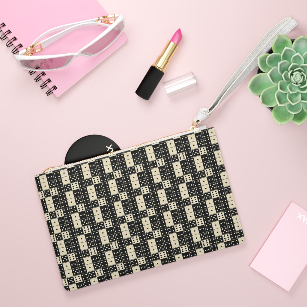 Zip Pouch-Black & Ivory Domino Wristlet Clutch