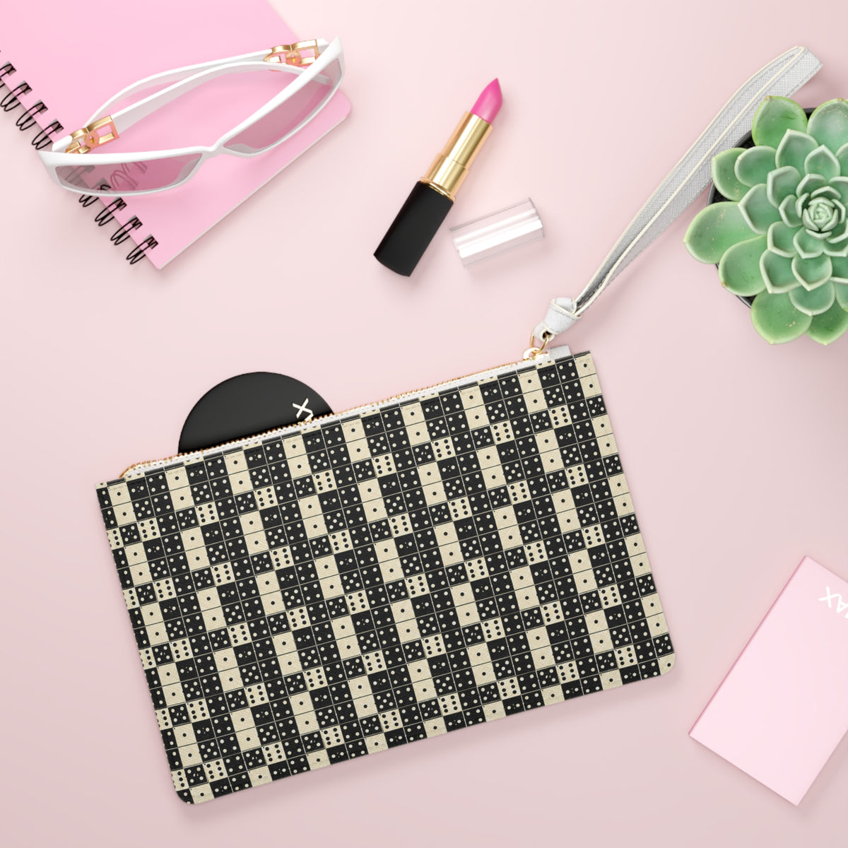 Zip Pouch-Black & Ivory Domino Wristlet Clutch