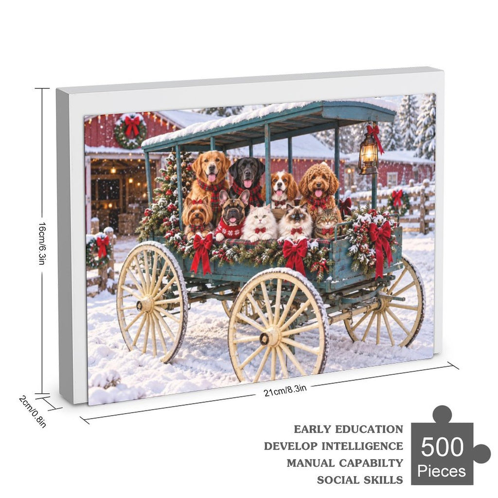 Christmas on the Country Wagon – Dogs & Cats 500-Piece Wooden Jigsaw Puzzle