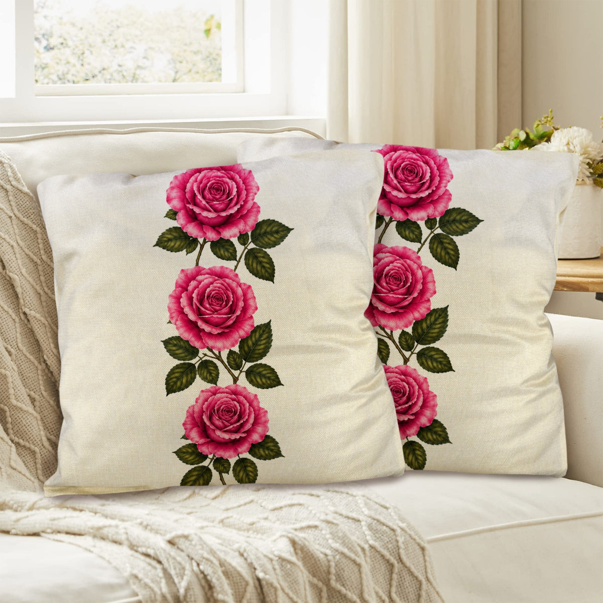 Pillow Cover-3-Rose-Vertical-Pink-Envelope Close-set of 2-Cover only, no insert