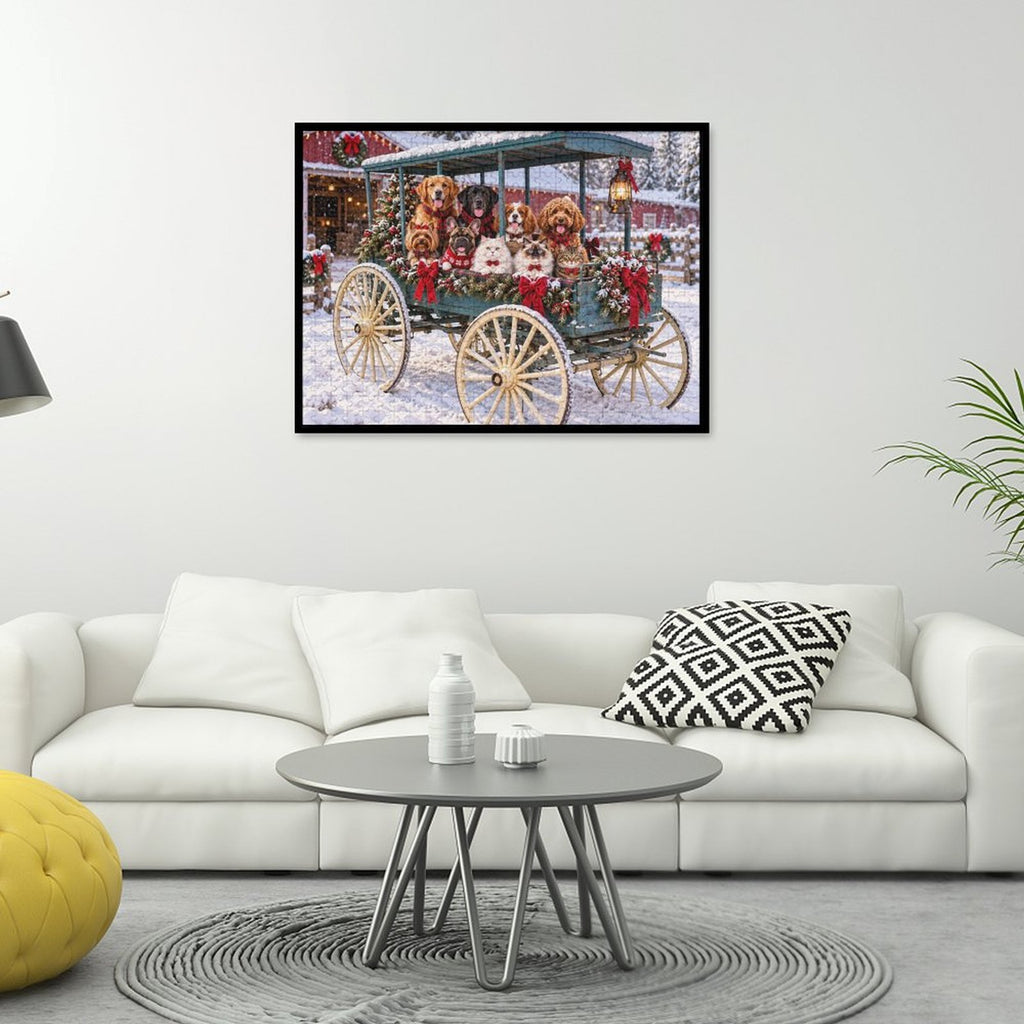 Christmas on the Country Wagon – Dogs & Cats 500-Piece Wooden Jigsaw Puzzle