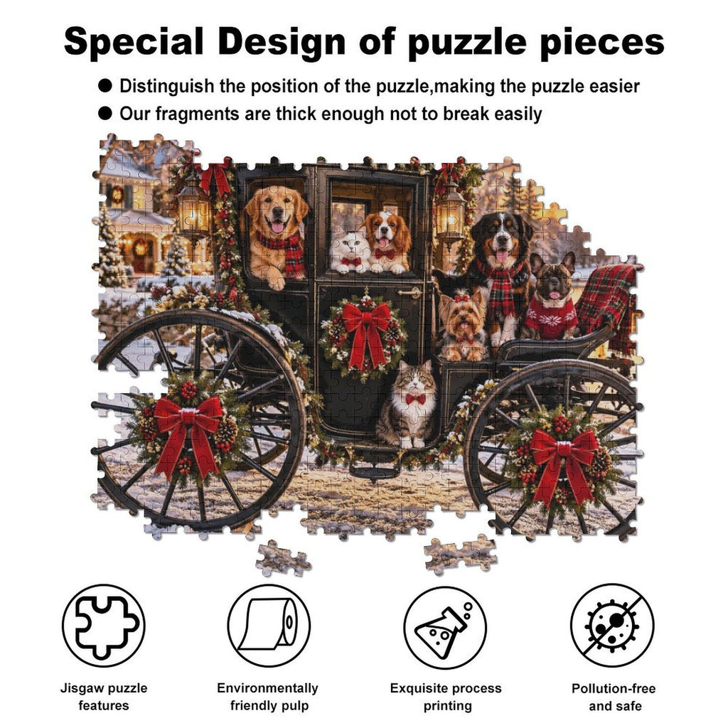 Christmas Eve Carriage Ride – Dogs & Cats 500-Piece Wooden Jigsaw Puzzle