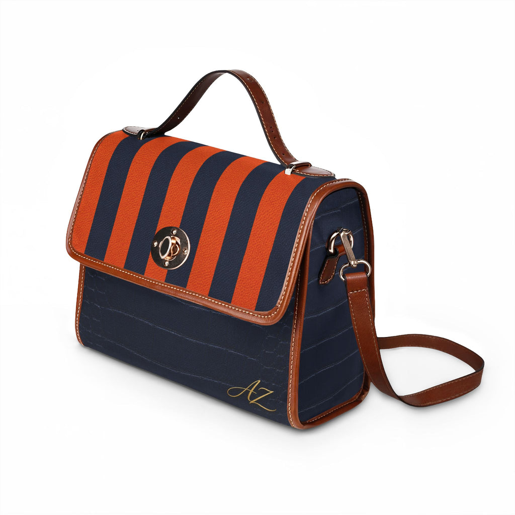 Handbag-Purse-Satchel – Orange & Navy Stripes with Navy Faux Alligator Body
