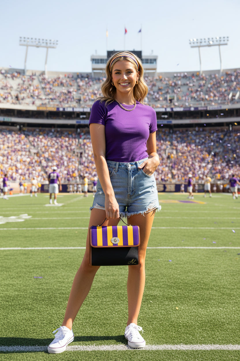 Handbag-Purse-Satchel – Purple & Gold Stripes with Dark Denim-Look Body