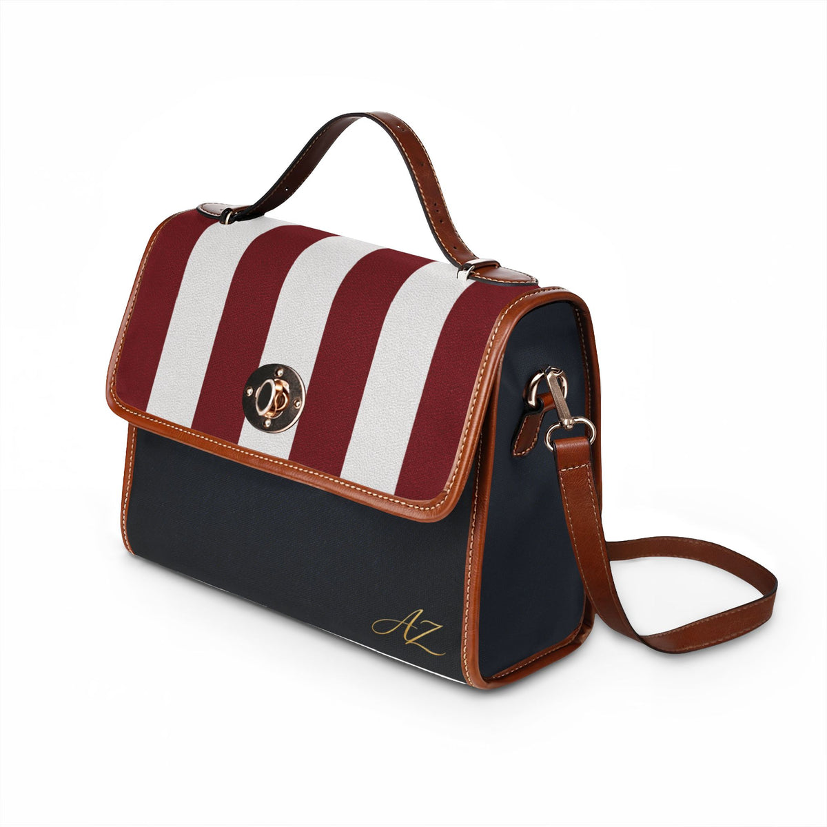 Handbag-Purse-Satchel – Red & White Stripes with Dark Denim-Look Body