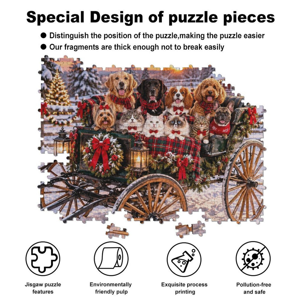 Christmas Carriage – Holiday Dogs & Cats 500-Piece Wooden Jigsaw Puzzle
