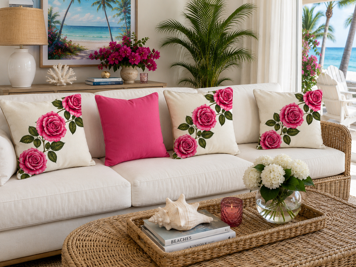 Pillow Covers-3-Pink Rose-18" x 18"-Linen & Polyester-Ivory-4 Pack-Diagonal Design