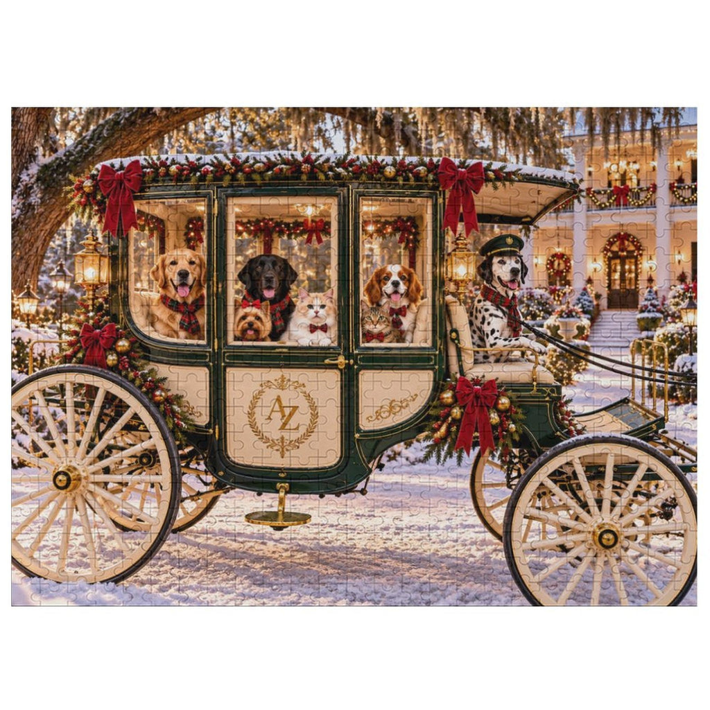 A Southern Christmas Carriage – Dogs & Cats 500-Piece Wooden Jigsaw Puzzle – product image