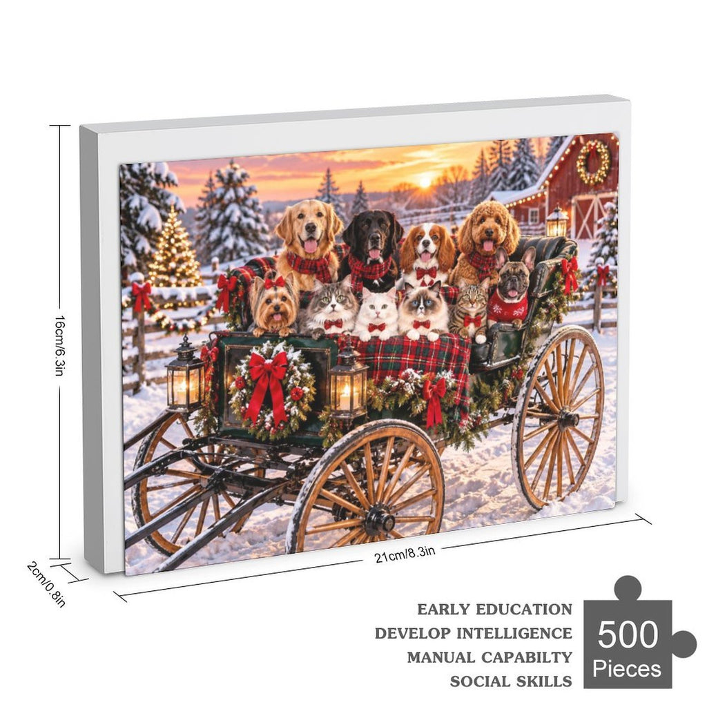 Christmas Carriage – Holiday Dogs & Cats 500-Piece Wooden Jigsaw Puzzle