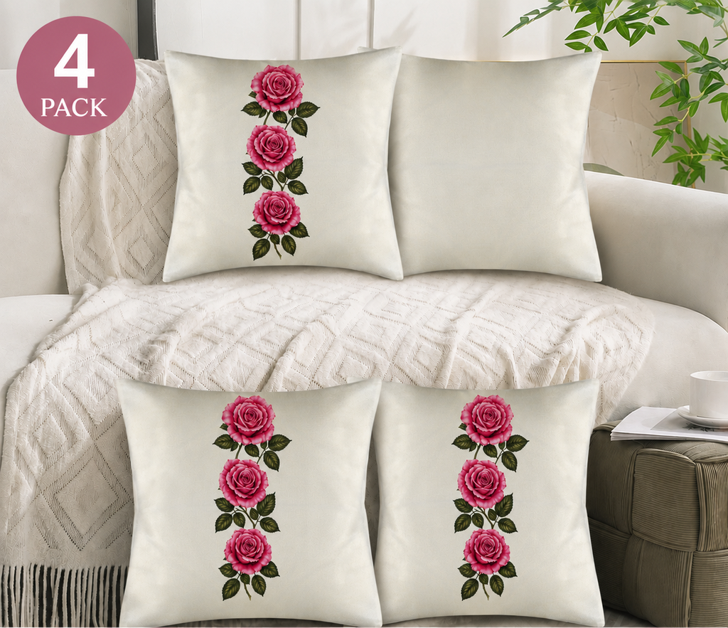 Pillow Covers-3-Pink Rose-18" x 18"-Linen & Polyester-Ivory-4 Pack-Vertical Design