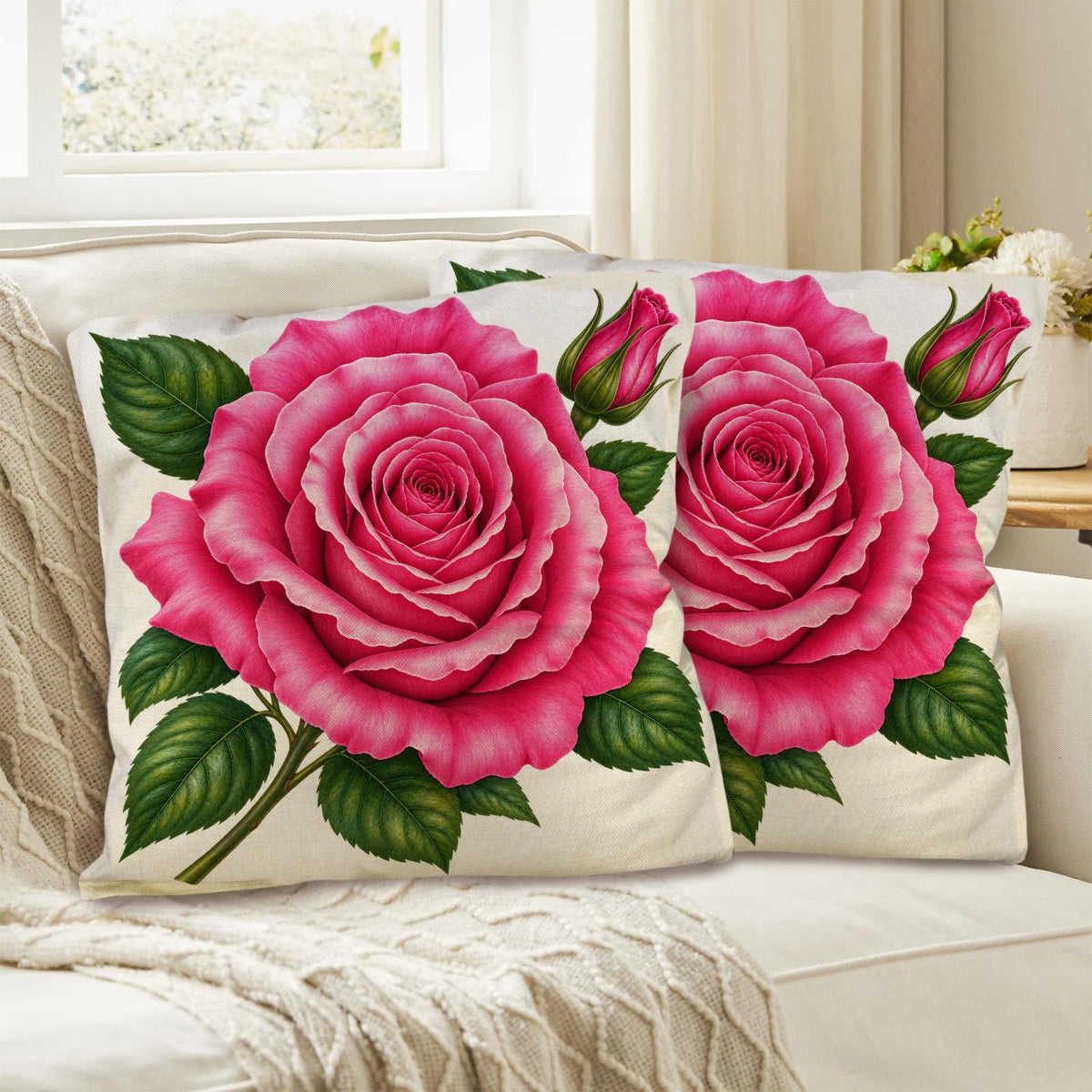 Pillow Covers-1-Pink Rose-18" x 18"-Linen & Polyester Ivory-2 Pack