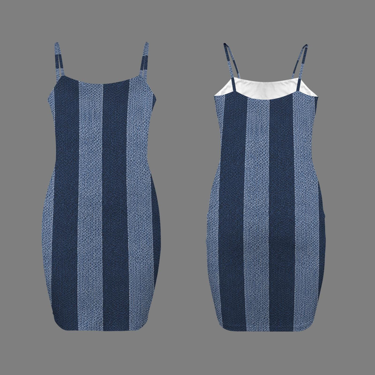 Mini Dress-Blue Denim Stripe-Spaghetti Strap Bodycon