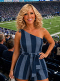 Romper-One-Shoulder Tie-Waist Ruffle-Blue Denim Look Stripe