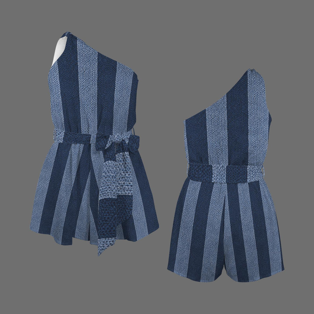 Romper-One-Shoulder Tie-Waist Ruffle-Blue Denim Look Stripe